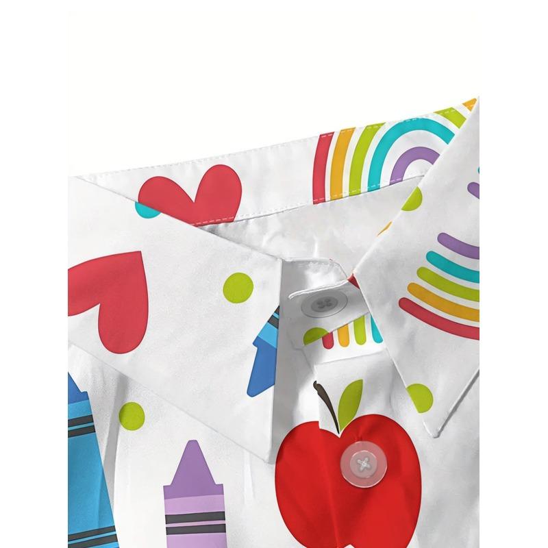 Women's Casual Short Sleeve Shirt Apple Rainbow Heart Colored Crayon Polka Dot Patterns Trendy Button Up Machine Washable Top