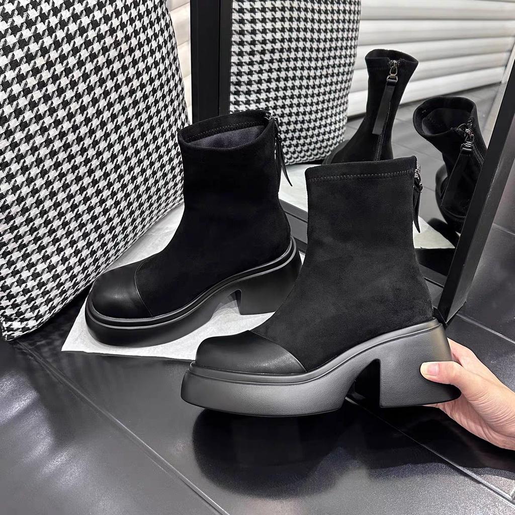 Dámské nové podzimní a zimní tenké boty na silné podrážce a silném podpatku, evropský styl, britský styl, elastické boty, zvyšující, martensky
