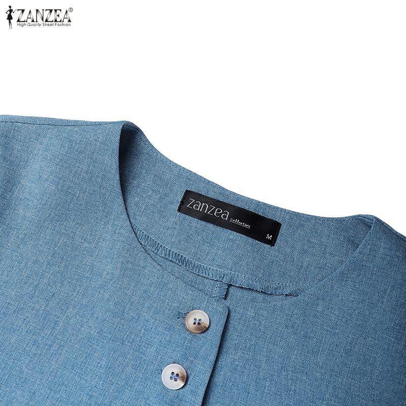 ZANZEA Damen Lässige Runde Hals Sommer Kurzarm Knopf Bluse
