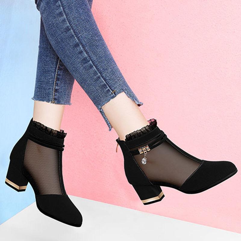 Mesh Women's Shoes Medium Heel Shoes Women's Thick Heel Short Tube Women's Boots Women's Shoes Spring and Autumn New Black Shoes Women's Shoes Women
