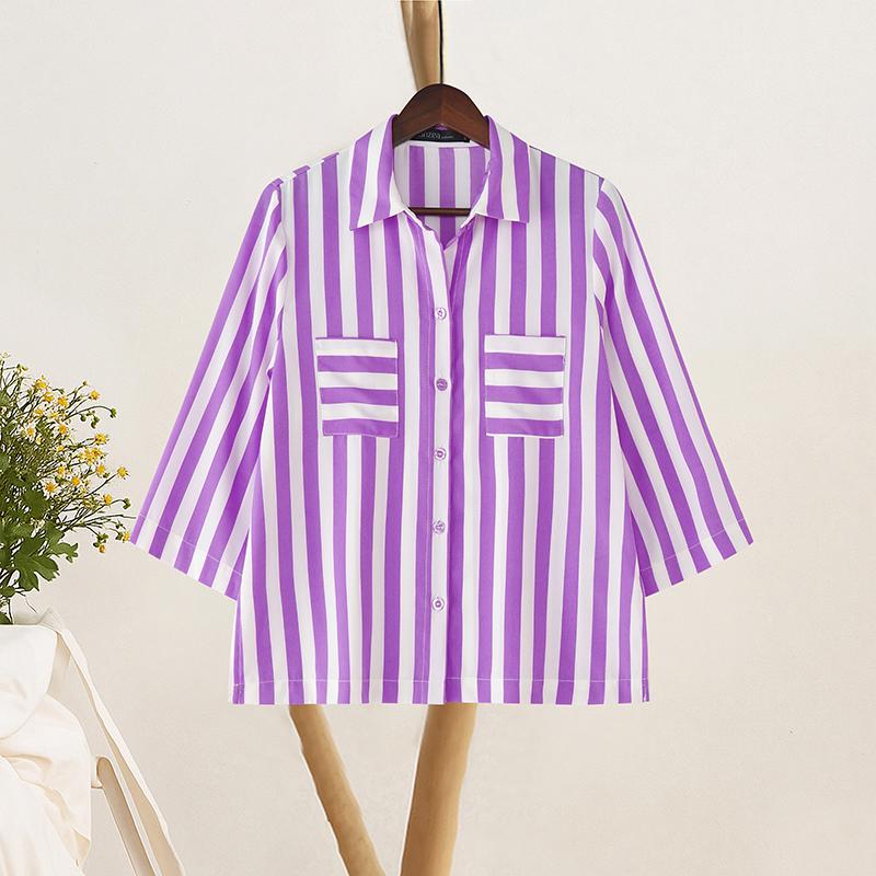 ZANZEA Women Turn Down Collar Summer Loose Casual 3/4 Sleeve Stripe Blouse