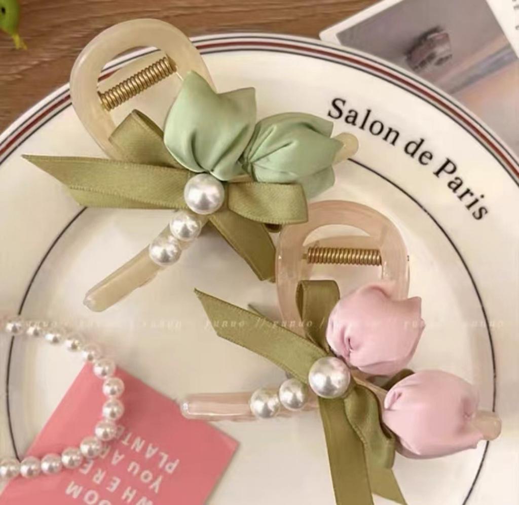 Sweety Flower Pearl Hairpin Elegant Pink Tulip Hair Claw For Women Girls Spring Summer Exquisite Hair Clips Hair Accessories 1pc