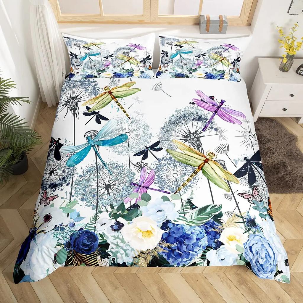 Butterfly Dragonflies Duvet Cover Set Dandelion Bedding Set Women Girl Bedroom Decor Flowers Botanical Weed Comforter Cover 3Pcs
