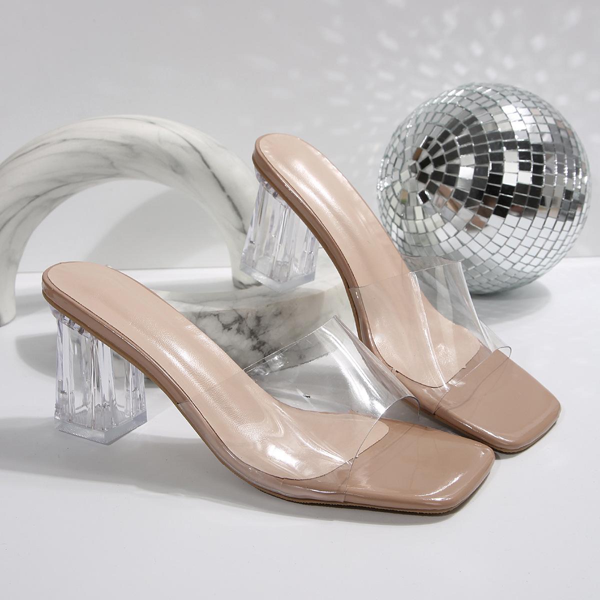 

One word transparent with high heel square head slippers women s 2025 summer new thick heel crystal PVC fashion slippers 36