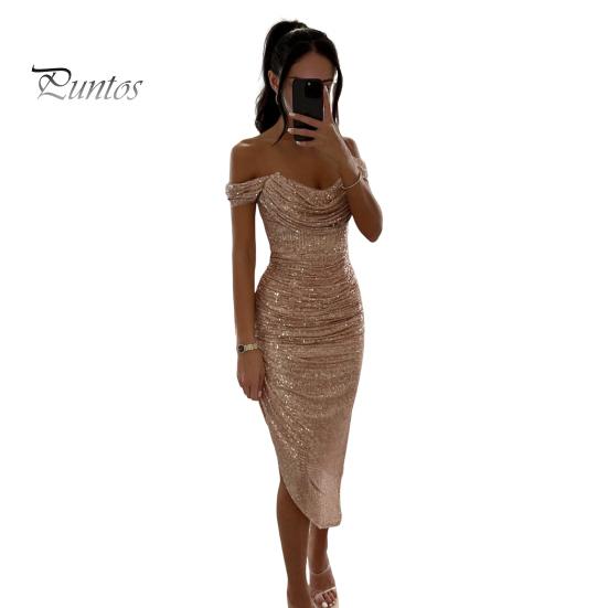 

Женское вечернее платье с открытыми плечами, без рукавов, с открытыми плечами, облегающее, с пайетками, неровным подолом, длиной до икры, с глубоким вырезом, для выпускного, свадьбы, вечеринки, официального случая, миди L шампанского