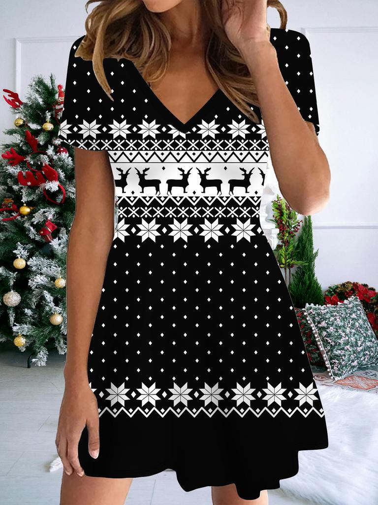 Rochie de damă la modă cu gât în V, mânecă scurtă, imprimată cu om de zăpadă de Crăciun, rochii sexy cu fustă scurtă