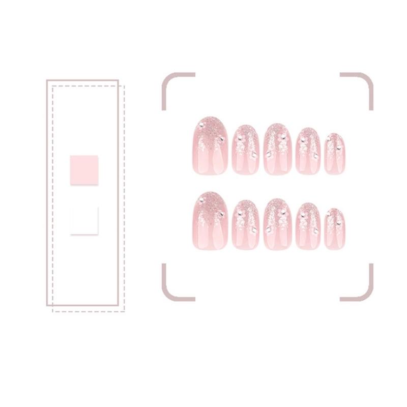 24 Stück Kurze Runde Aufklebenägel Blumen Falschnagel Einfacher Acrylnagel Glitzernd Vollabdeckung Aufklebenagel für Frau