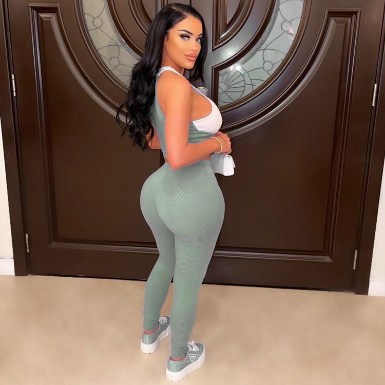 Women's European & American Sexy Ribbed Two-Piece Set: Round Neck Vest & Tie Pencil Pants