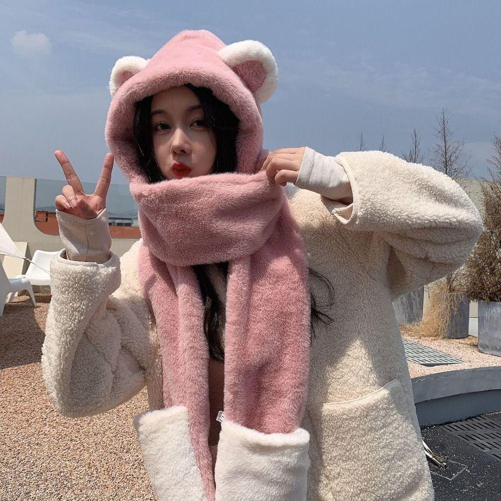 Cute Cartoon Bears Ears Plush Hat Warm Soft Hat Scarf Gloves Set Windproof Ear Protection Cap Women
