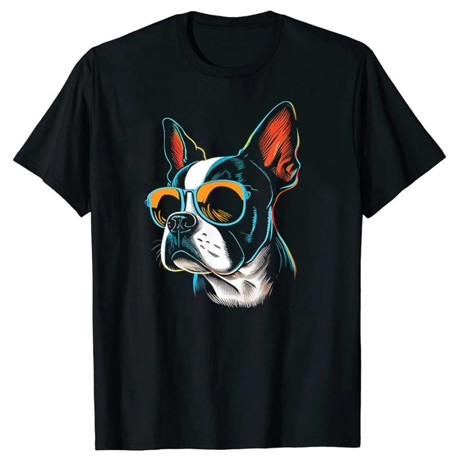 Funny Dad Mom Cool Dog Sunglasses Boston Terrier T Shirts Summer Cotton Streetwear Short Sleeve Birthday Gifts T-shirt Men