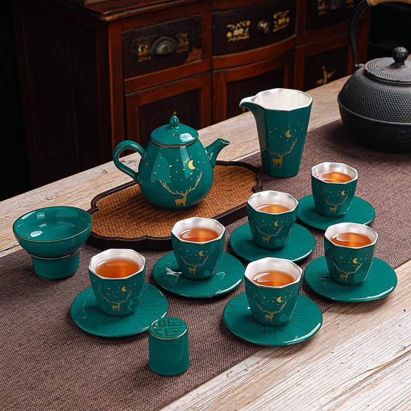 999Pure Silver Tea Set Ceramic Kung Fu Tea Set Tasting Cup Handmade Silver-Plated Tea Bowl Live Streaming Gift