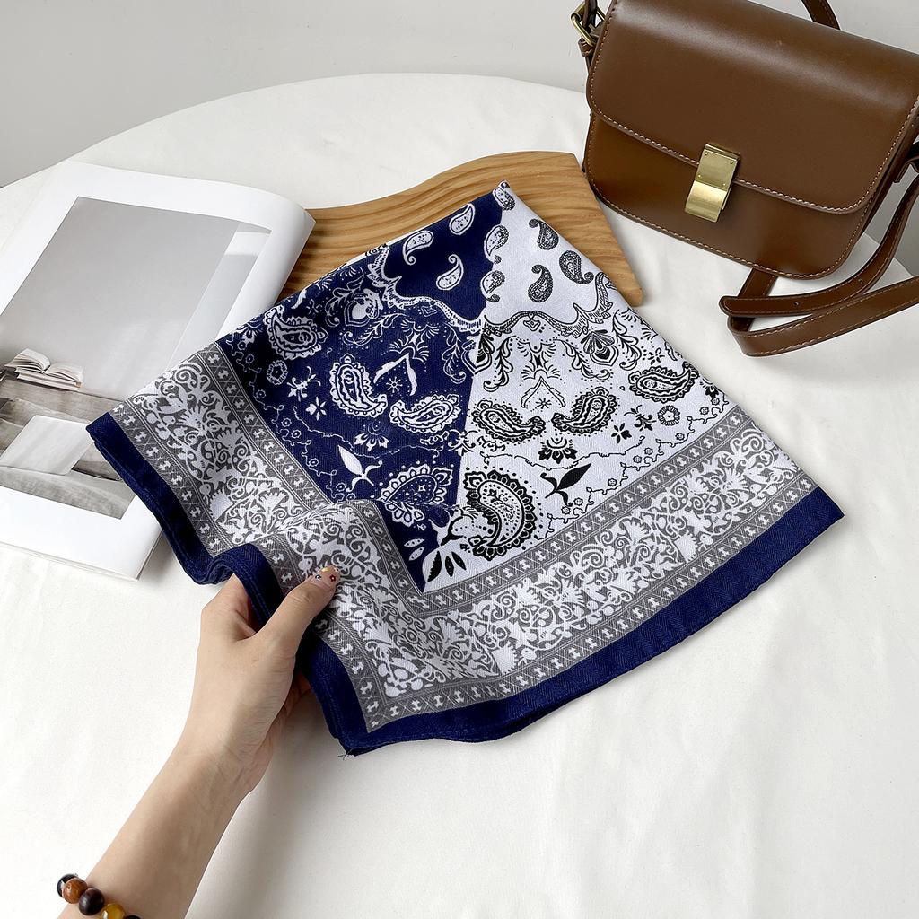 Old money style printed silk scarf retro brown scarf neck square scarf fashionable versatile herringbone pattern cotton and linen silk scarf