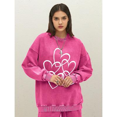 Kreativer Liebesmuster-Print Damen Gewaschenes Sweatshirt Baumwolle Herbst Sportbekleidung All-Match Rundhals Kleidung Lässig Locker