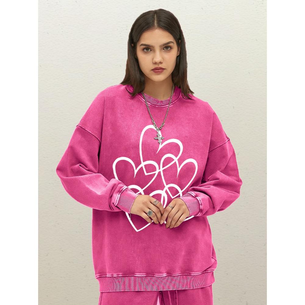 Creative Love Pattern Print Women Washed Sweatshirt Cotton Autumn Sportswear All-Match Crewneck Clothes Casual Loose