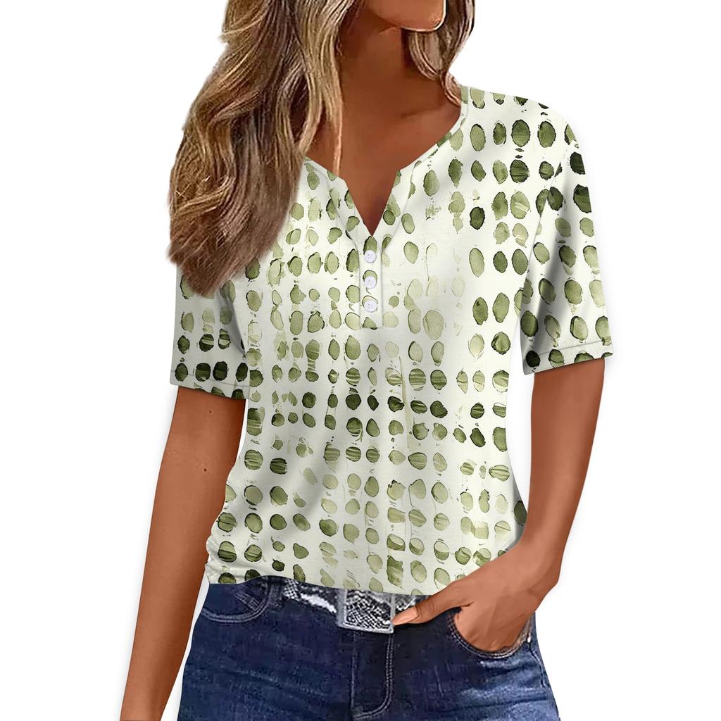 T-shirt décontracté pour femme à col en V, manches courtes, avec imprimé géométrique et boutons