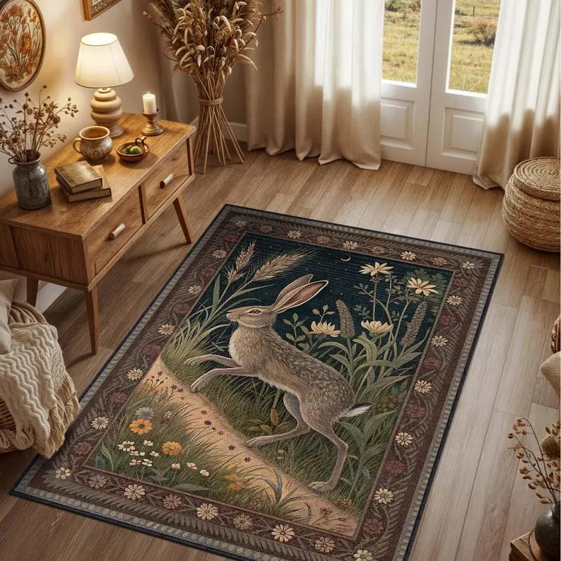 Colonial America Inspired Rabbit Folk Art Rug Handmade Home Decor Primitive Accent Farmhouse Art Colonial style Americana Folk