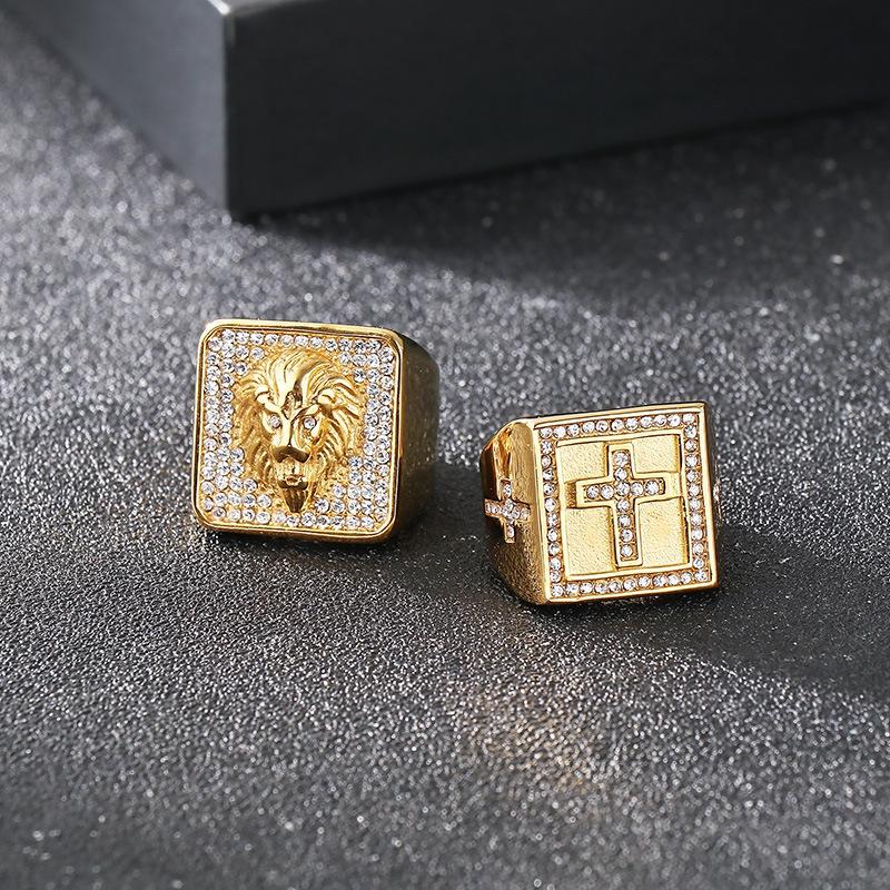 Hip Hop Men's Lion Head/Cross /Tai Chi Signet Ring Stainless Steel Shinny Zircon Ring