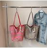 Women's Nylon Cartoon Puppy Embroidery Single Shoulder Tote Bag with Pendant, Striped Double-Sided Design