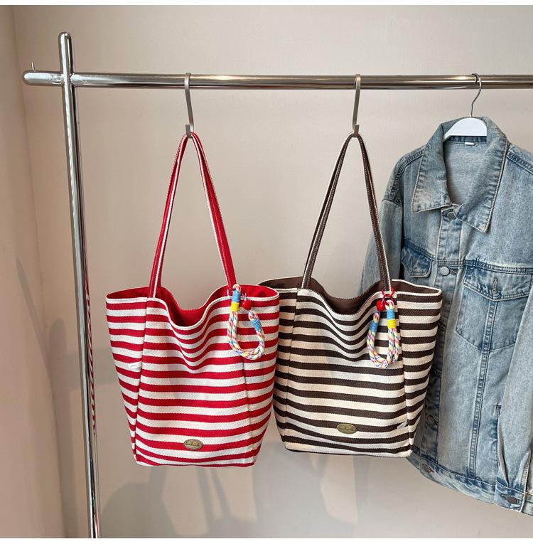 Women's Nylon Cartoon Puppy Embroidery Single Shoulder Tote Bag with Pendant, Striped Double-Sided Design