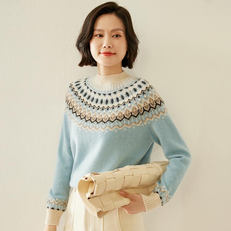 Rundhals-Colorblocking-Kaschmirpullover für Damen im Herbst- und Winterstil, stilvoll und vielseitig