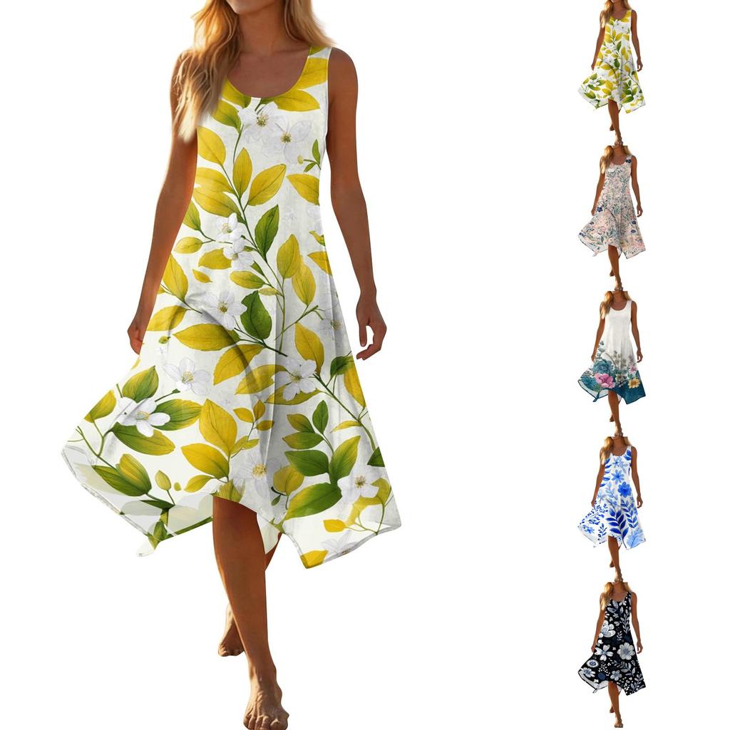 Women Sleeveless Casual Floral Print Dress Round Neck Irregular Hem Mid Length Summer Dress Lightweight Comfortable
