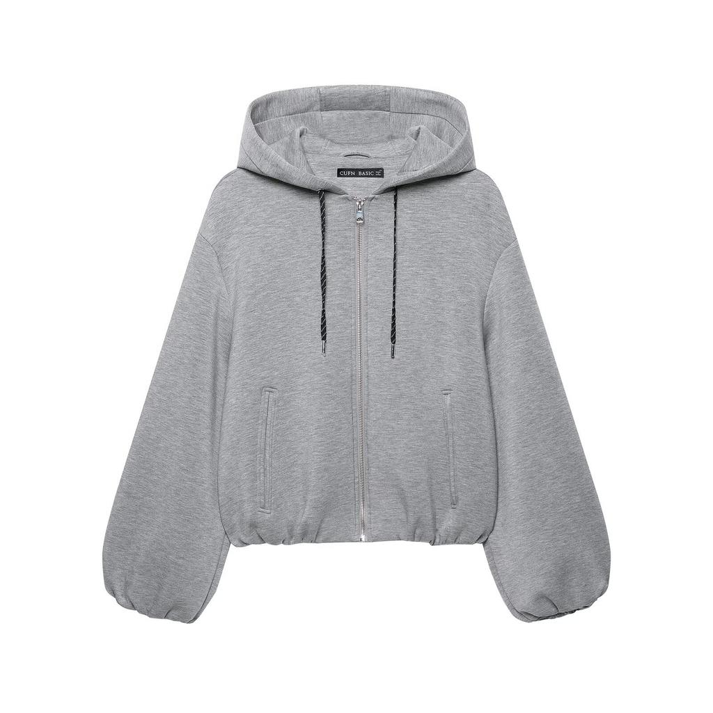Women Hooded Zip Up Light Gray Sweatshirt Jacket Lantern Sleeve Short Length
