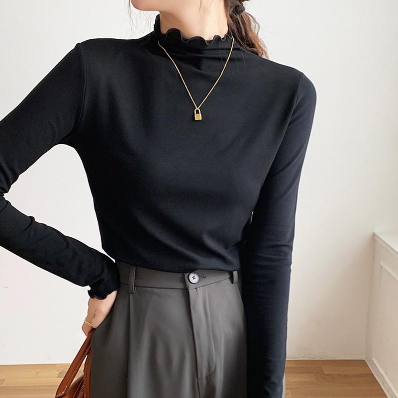 Women's Long-Sleeve T-Shirt: New Autumn/Winter Korean Style, High Neck, Slim Fit, Flattering with Ruffled Hem – Ideal Base Layer.