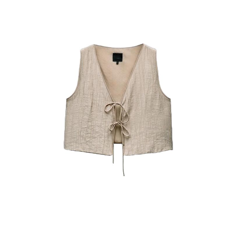 Spring New V Neck Sleeveless Bows Textured Vest Tops 8338772 Self-Tie Dress 4764409