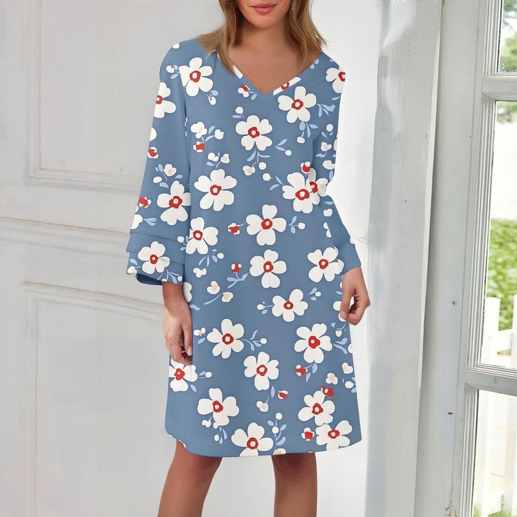 Women's Fashion V-neck Color Large Size Loose Long Large Swing 3/4 Sleeved Dress