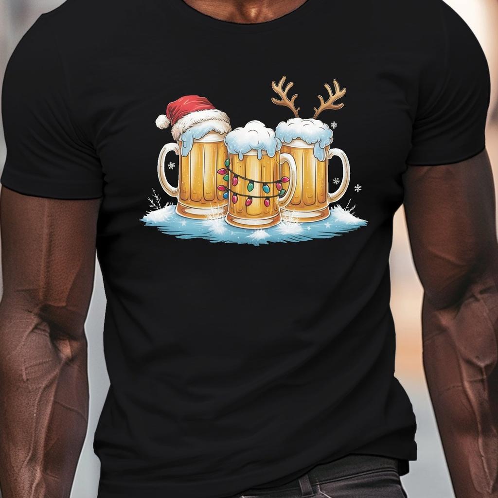New Year Party Beer Print Mens TShirts Christmas Snowman Pattern Short Sleeve Tops Men Xmas Clothing Fashion Loose Tshirt