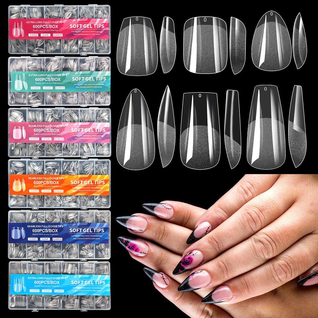 600 Pcs Traceless Transparent Semi-Matte Nail Tips - Thin, Short & Long Frosted False Nail Art Tips