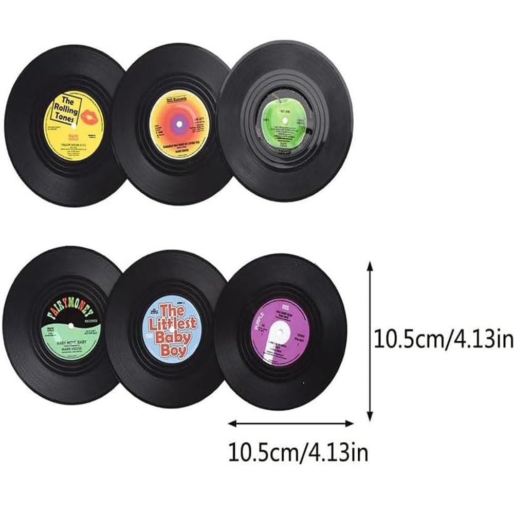6-piece Set of Retro Black Rubber Record Coasters, Including Teacup Mats, Beverage Coasters, Round Coasters, Heat-insulating Mats, Non-slip Mats,