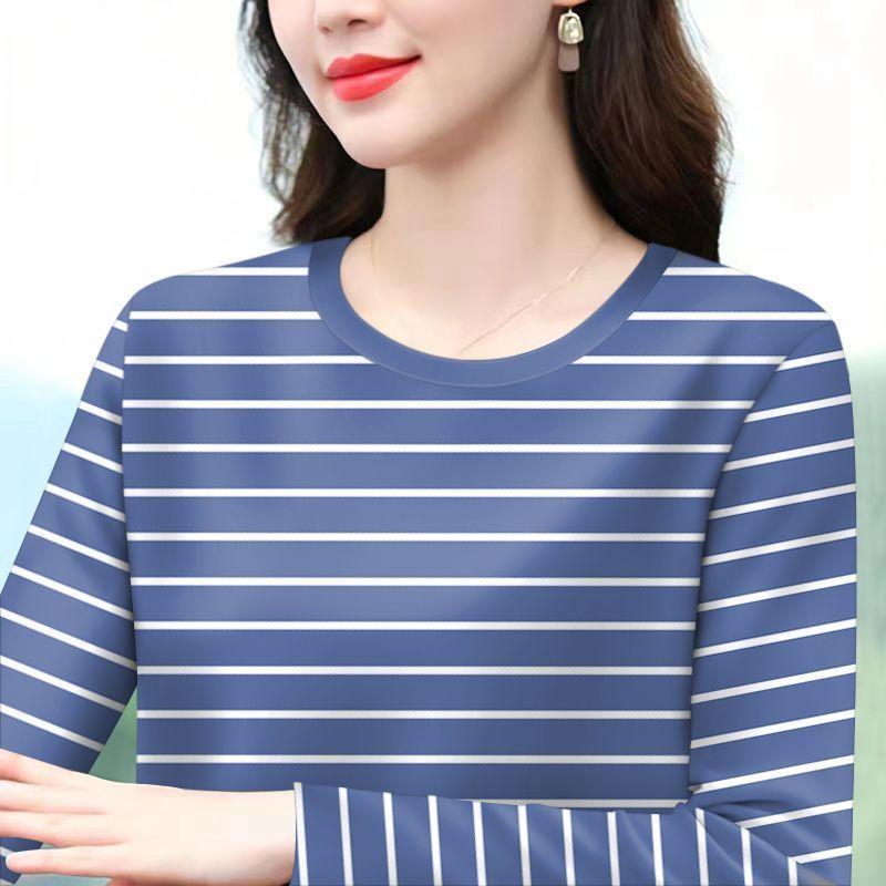 Round Neck Striped Long-sleeved T-shirt Women's Autumn Loose Korean Style Large Size Middle-aged Mother's Wear Fashionable New Style Top