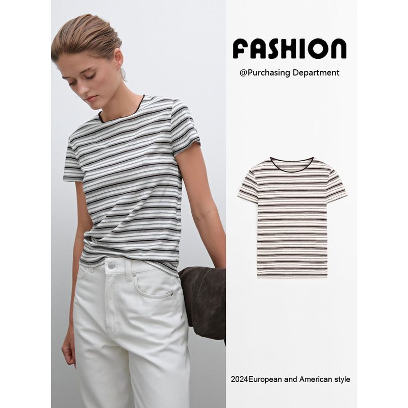 Za2025 Summer New Women clothes Casual Retro Stripe round Neck Short sleeve T-shirt Top 06206545 700