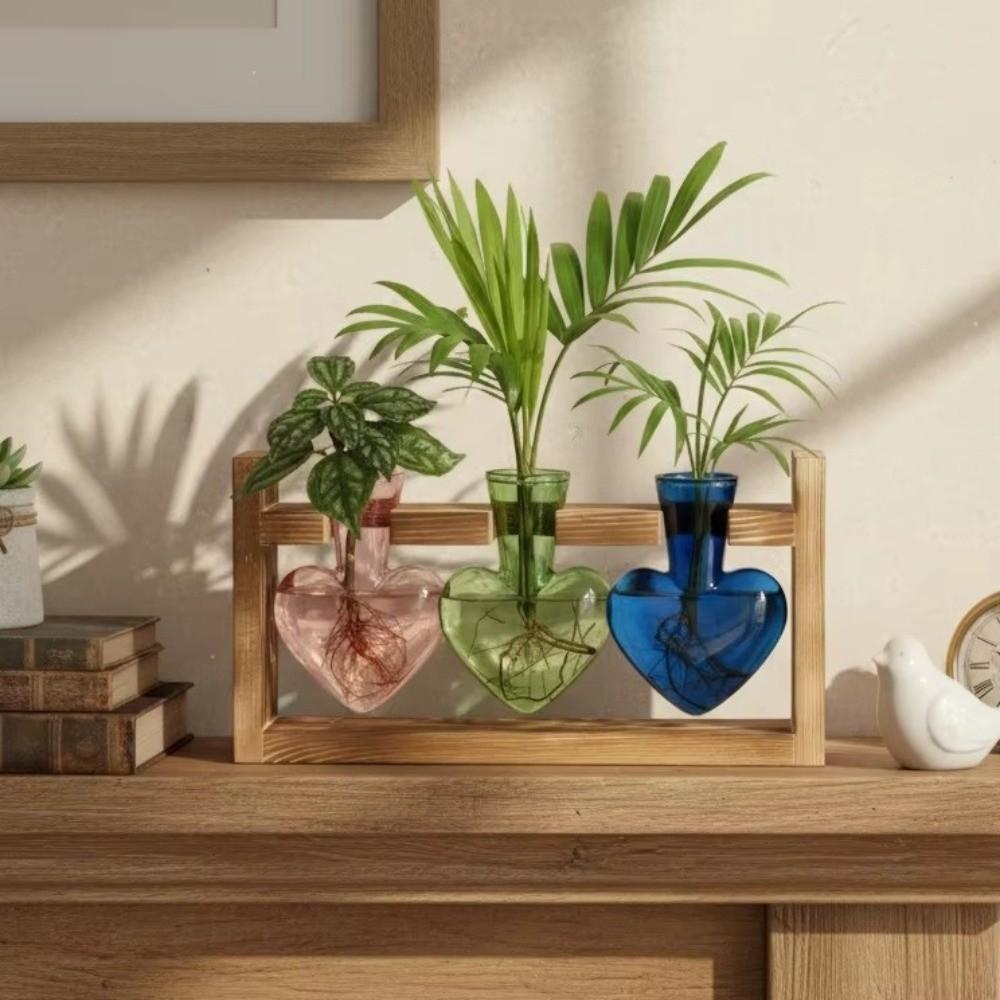 Minimalist Transparent Heart Shaped Glass Vase Wooden Stand Elegant Hydroponic Vase Colorful Flower Container Home Decoration