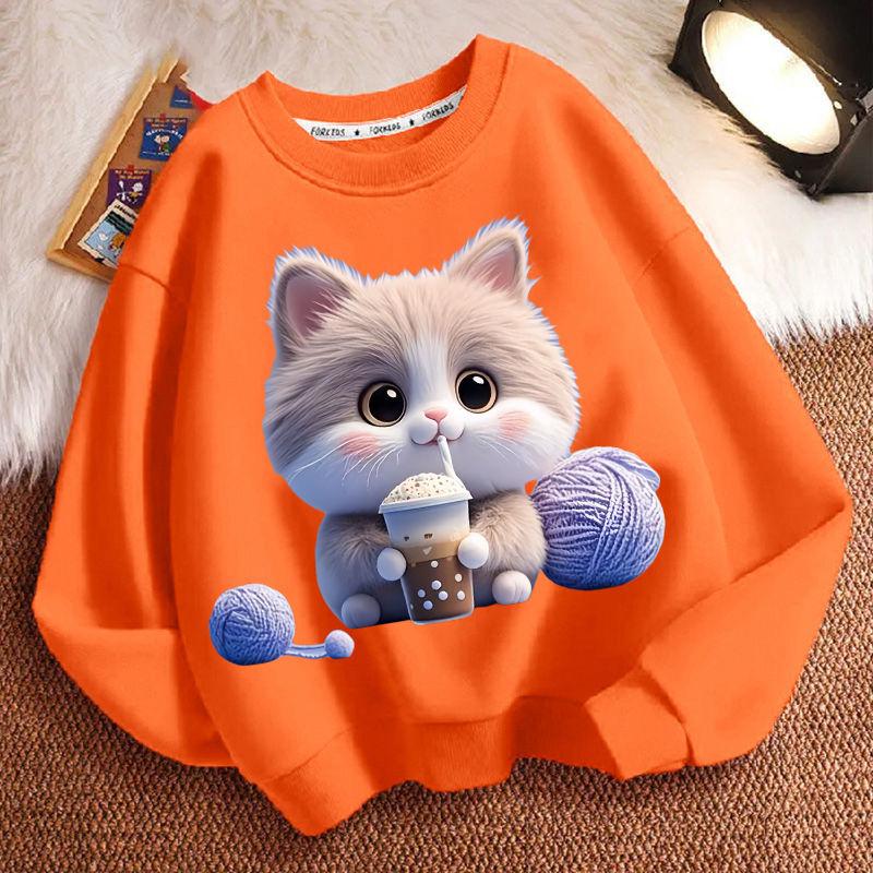 Cute Milk Tea Cat Round-neck Sweatshirt for Children, Fashionable Long-sleeved Casual Sweatshirt for Boys and Girls in Spring and Autumn