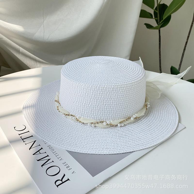 French lace streamer large brim beach hat seaside play straw hat women's sun protection versatile fashion rhinestone flat top hat