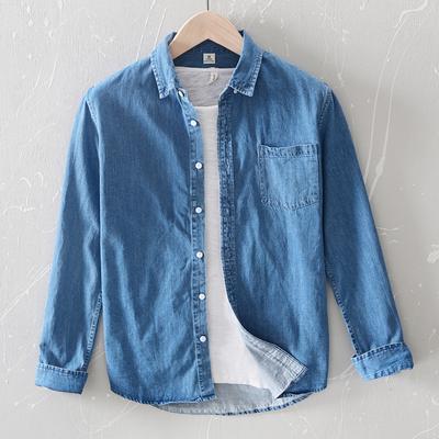 Spring and Summer Mens Long Sleeve Denim Shirt Daily Casual Tops Korean Simple Style Slim Fit Lapel Collar Pure Cotton Dark Blue Jean Shirts for Men