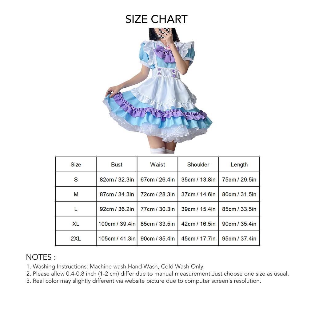 Cute Maid Dress Short Sleeve Sweet Maid Outfit with Apron Big Bow Headwear for Party Blue Purple M