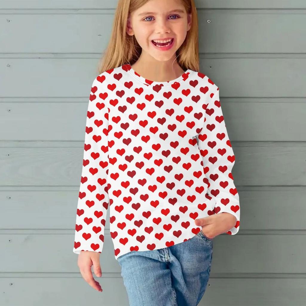 Fashion Children Casual Long Sleeved Letter Heart Pattern 3D Print Tops Funny Style Comfortable Round Neck Pullover Clothing