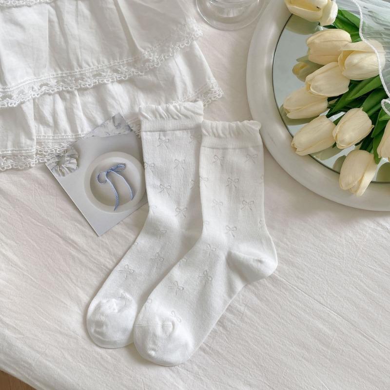 Frühlings- und Sommersocken, Damen-Mittelwadensocken, Weiße gehäkelte Schleifensocken, Graue lange Socken, Spitzen-Blasenöffnung