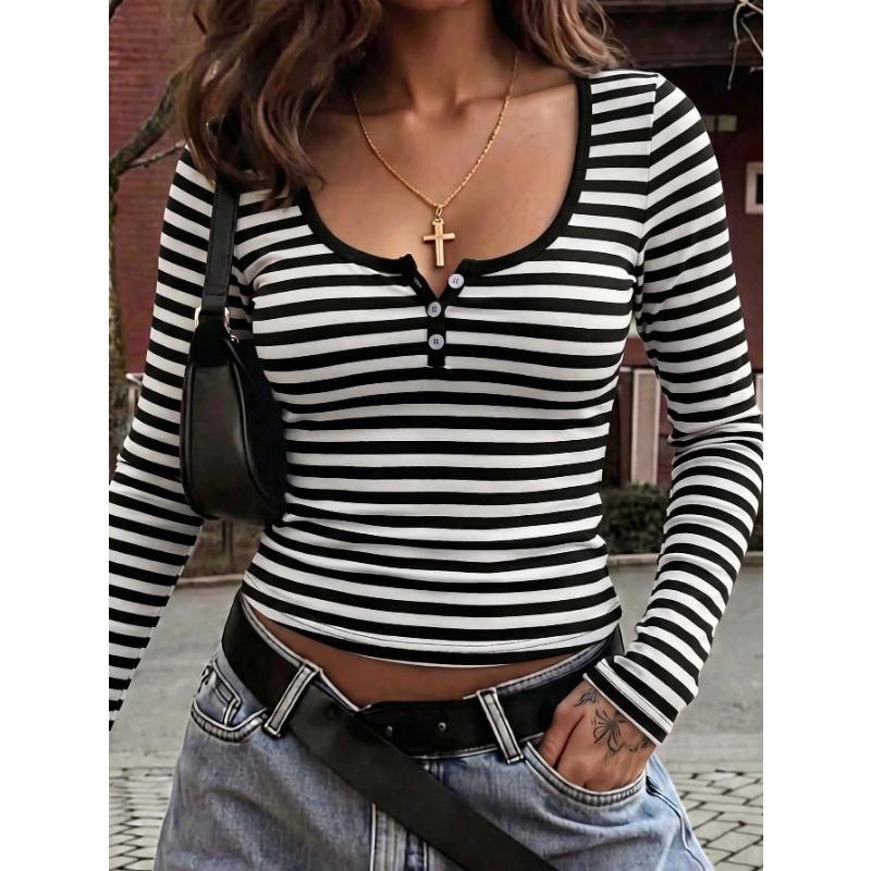Women S Fitted Long Sleeve U Neck Striped Knit T Shirt For Autumn