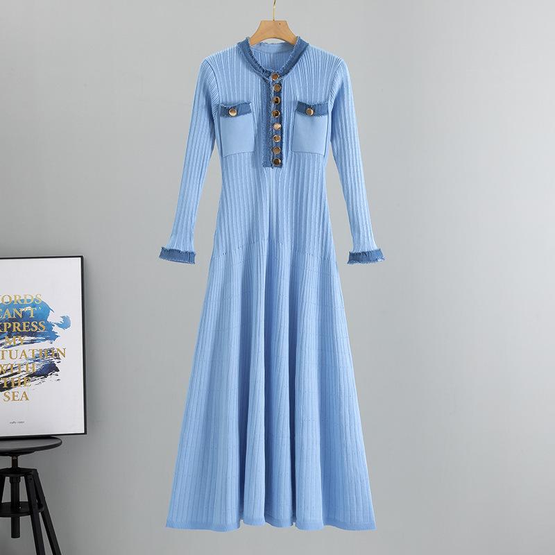 Women's Spring Long Sleeve Sweater Dress Fall Button Ribbed Knit Pleated Dresses Color Block Knit A Line Slim Fit Elegant Maxi Dresses for Women