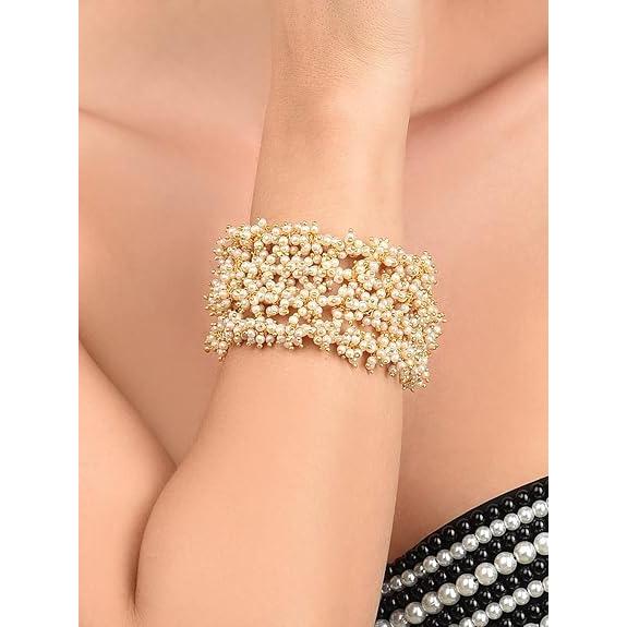Antique Gold Tone Multi strand Clustered Pearls Ethnic Bracelet For Women