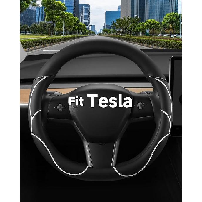 West Llama ized Nappa Leather Car Steering Wheel Cover for 2016-2025 Tesla Model 3/Model Y 2026 Juniper/Highland, Non-Slip Design of Tesla