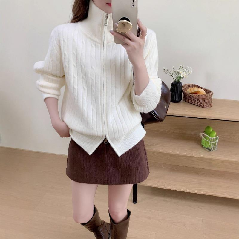 Retro twist autumn and winter stand-up neck zipper sweater jacket high-end soft waxy loose versatile knitted cardigan women