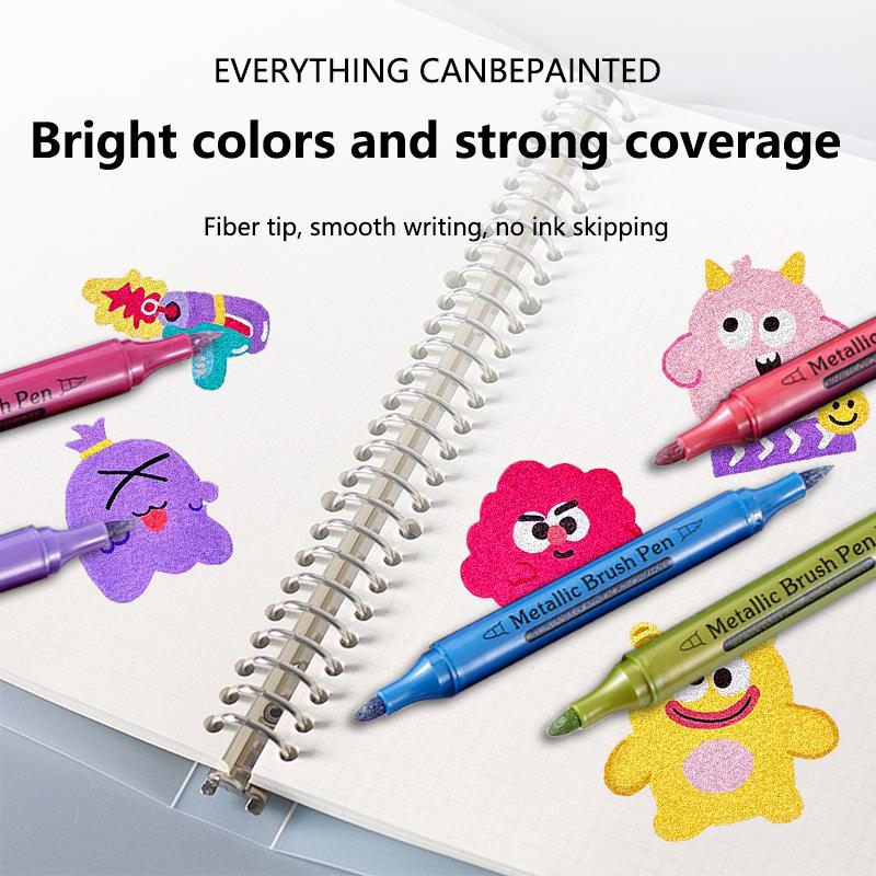 12 Colors Dual Tip Brush Metallic Paint Markers Pens Gold Silver Color Permanent Art Marker For Manga Crafts Stationery Supplies
