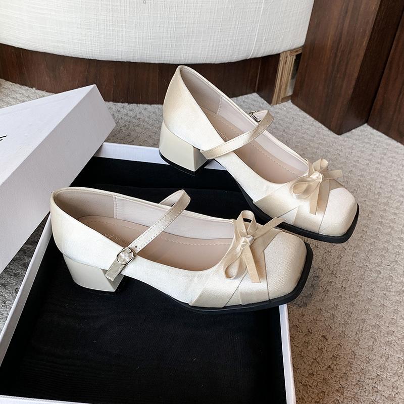 Fashion New Coarse Heel Shoes for Women Square Head Shallow Mouth Butterfly Knot Cloth Line with Anti-slip Wear-resistant Heel Shoes