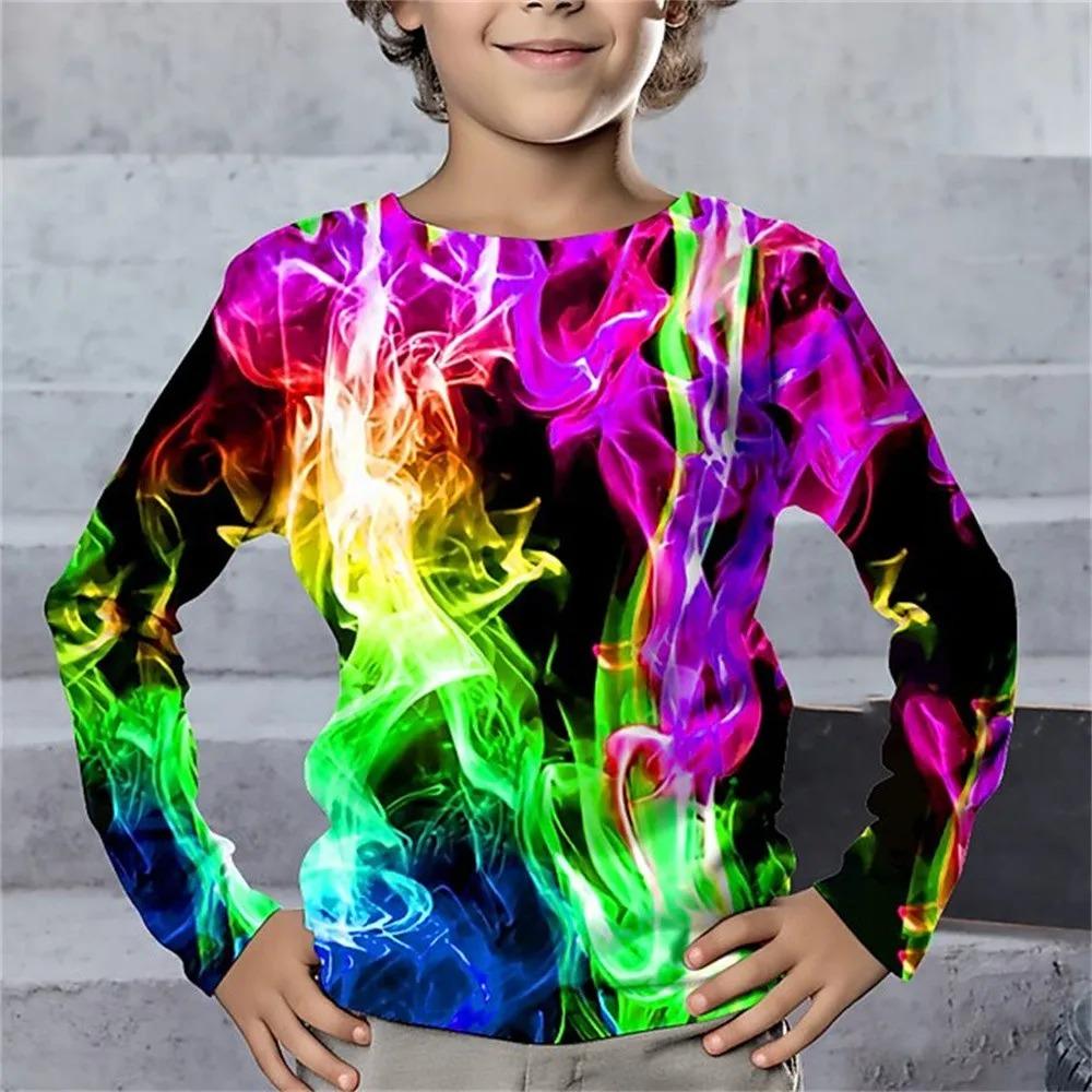Children's Lightning Geometry 3D Digital Printed Boys' Fun and Fashionable Round Neck Long Sleeve T-shirt