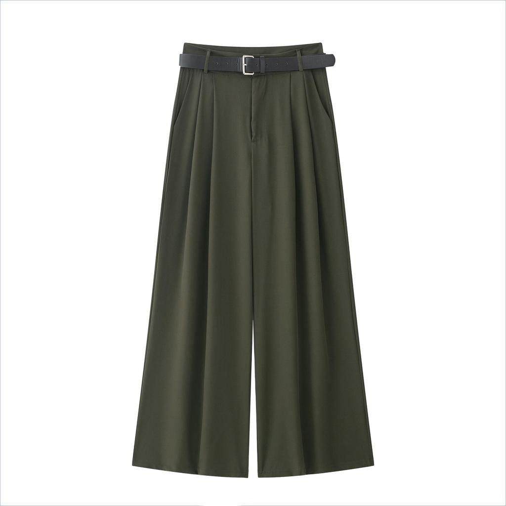Spring 2025 Women's Wide-Leg Pleated Pants with Belt Decor